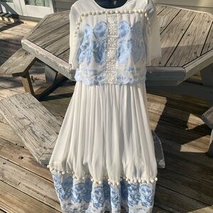 Asos NWT White and Blue Embroidered midi Dress with Pom poms size 6